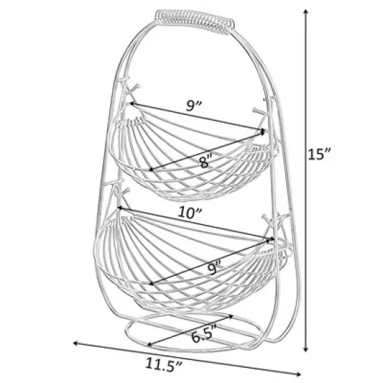 Basicwise 2 Tier Metal Fruit Holder Swing Basket for Kitchen | Detachable Countertop Vegetables Storage Organizer with Display Hammock Stand image {6}