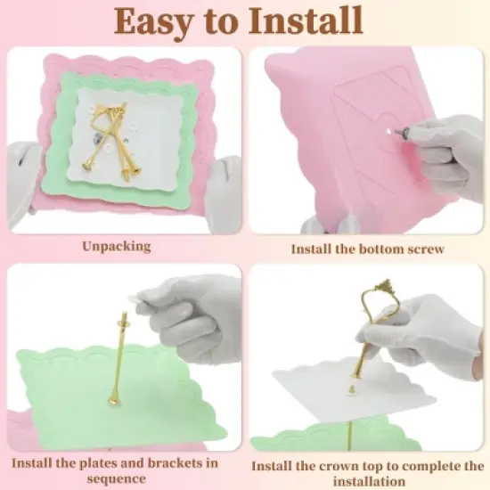 Unique Bargains 3 Tier Dessert Cupcake Stand Holder Square Tiered Serving Tray for Donuts Fruits White Pink Green Gold Tone image {3}