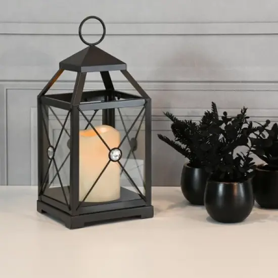 LumaBase Metal Lantern with Battery-Operated Candle - Black Gem image {3}