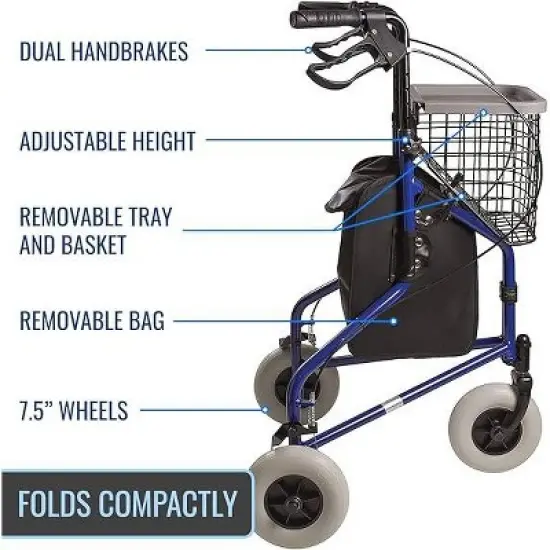 DMI Folding Rollator Walker with Swiveling Front Wheels, FSA HSA Eligible, 3 Wheel, Aluminum Light-Weight, Detachable Storage Tray, Royal Blue image {1}