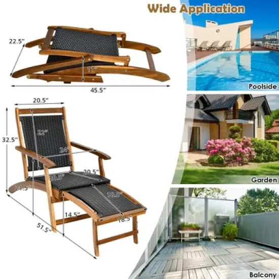 Costway  Patio Folding Rattan Lounge Chair Wooden Frame W/ Retractable Footrest image {2}