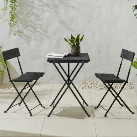 3-Piece Folding Patio Bistro Rattan and Steel Caf&eacute; Table and Chairs Set for Porch, Deck, Garden, or Balcony Furniture by Lavish Home image {1}
