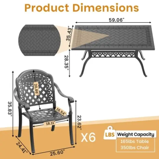 7-Piece Cast Aluminum Outdoor Dining Set: Rectangle Table, Stackable Chairs & Red Cushions - All-Weather Patio Furniture for Your Backyard image {3}