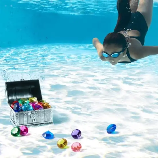 Joyfy 17 Pcs Diving Pool Toys, 16 Big Colorful Diamond Gems with Pirate Treasure Chest, Swimming Dive Toy for Kids Underwater Adventure Pool Games image {8}