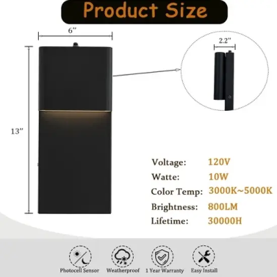 ALOADECOR Modern Simple Sqaure Integrated LED Outdoor Wall Sconce with Dusk to Dawn Sensor in Matte Black for Porch Patio (&uml;2 Pack) image {3}