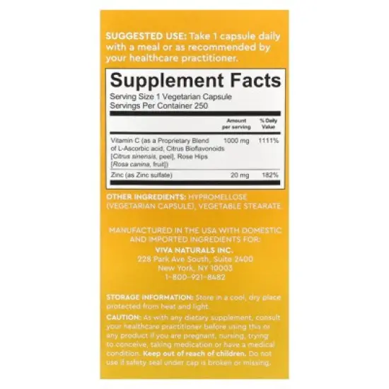 Viva Naturals Vitamin C + Zinc, 250 Veggie Capsules image {1}