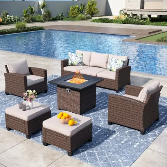 Captiva Designs 6pc Outdoor Patio Wicker Rattan Fire Pit Set with Cushioned Ottomans and Single Sofas image {12}