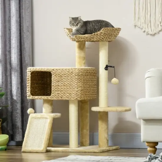 PawHut Scratching Posts, 45" Cat Tree for Indoor Cats with a Ramp, Condo, Toy Balls, Platforms, Bed Cat Tower, Beige image {1}