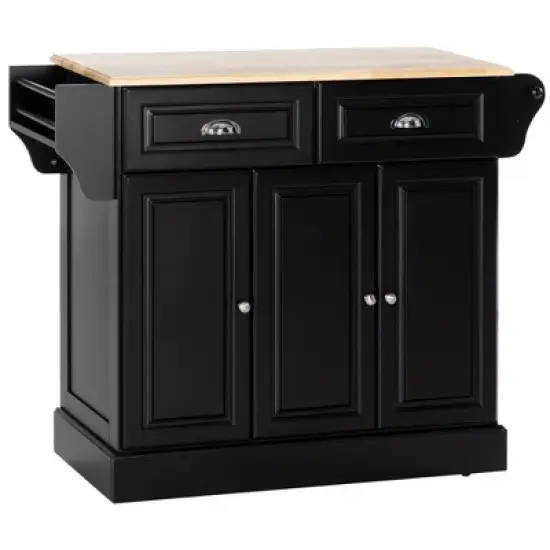 HOMCOM Triple-Cabinet Kitchen Island on Wheels that Remove, Kitchen Storage Cabinet with Drawers & Countertop, Rolling Utility Cart in Wood, Black image {3}