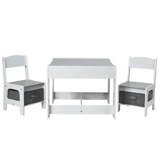 Costway Kids Table Chairs Set With Storage Boxes Blackboard Whiteboard Drawing GreyNature image {10}