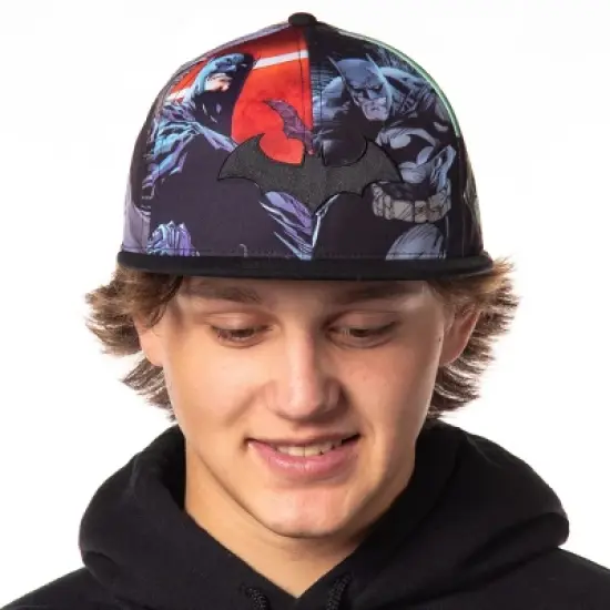 DC Comics Batman Snapback Hat Allover Sublimated Scenes Design Flat Bill Adjustable Baseball Cap OSFM Multicolored image {2}