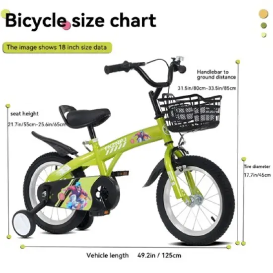 DSVIMOY 18 inch Sporty Kids Bike with Training Wheels and Stand Adjustable Saddle for Boys and Girls Aged 5-10 Years, Green, 46.4"*20.3"*30.8" image {2}