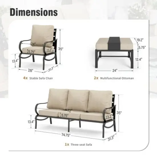 Captiva Designs 7pc Metal Patio Furniture Conversation Set with Armchairs for Garden Porch Backyard image {1}