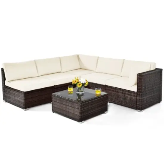 Tangkula 6PCS Wicker Patio Sectional Conversation Furniture Set with Seat Cushions & Coffee Table image {7}