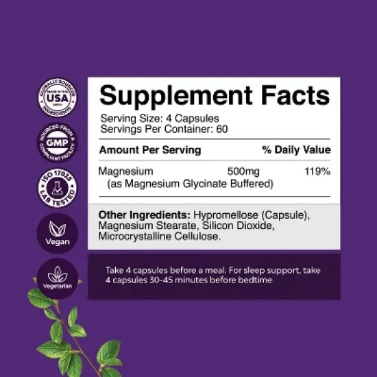 High Absorption Magnesium Glycinate Capsules, 500mg Magnesium Glycinate for Calming Sleep Plus Muscle Bone & Nerve Support, Nature's Craft, 240ct image {2}