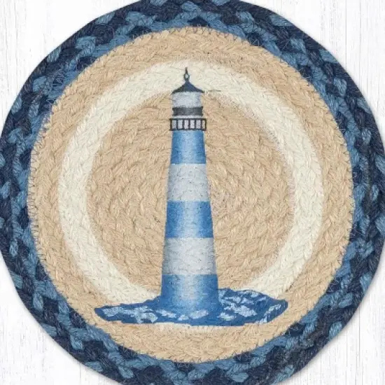 Earth Rugs Blue and White Lighthouse Round Trivet &ndash; 10" Nautical Print on Braided Natural Jute image {1}