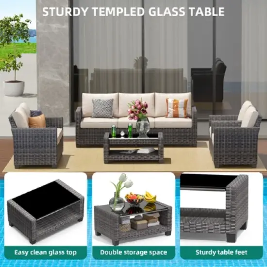 5-Piece Patio Wicker Conversation Sofa Set with Coffee Table,Rattan Sofa Chair with Cushion image {5}