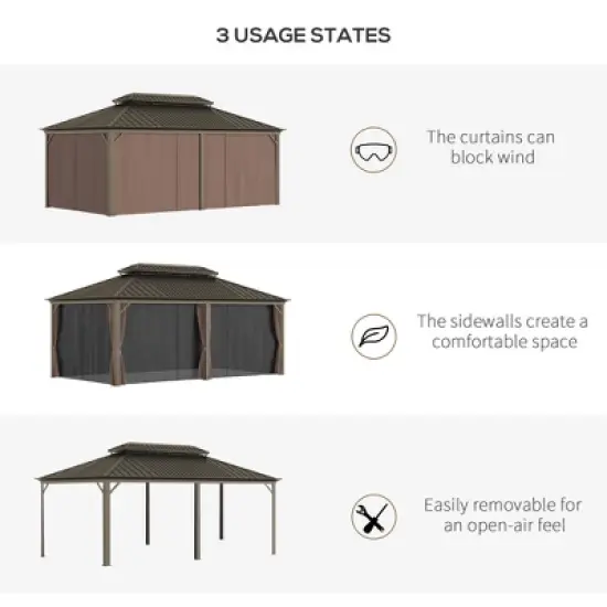 Outsunny Patio Gazebo 12' x 20', Netting & Curtains, 2 Tier Double Vented Steel Roof, Hardtop, Ceiling Hooks, Rust Proof Aluminum, Brown image {4}
