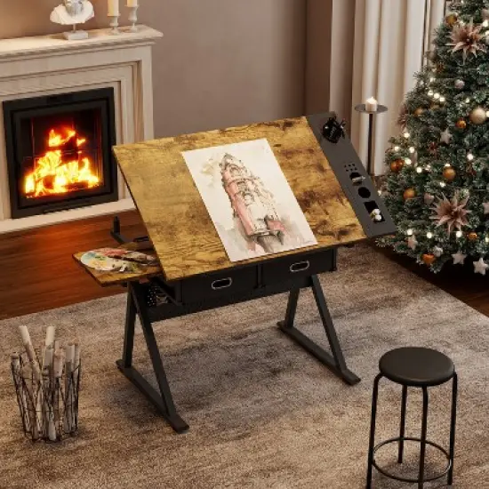 Gulches Adjustable Drawing Drafting Table with 2 Drawers Stool 0 75 Degree Tilt 69 91cm Height Home Office School Desk Brown image {5}