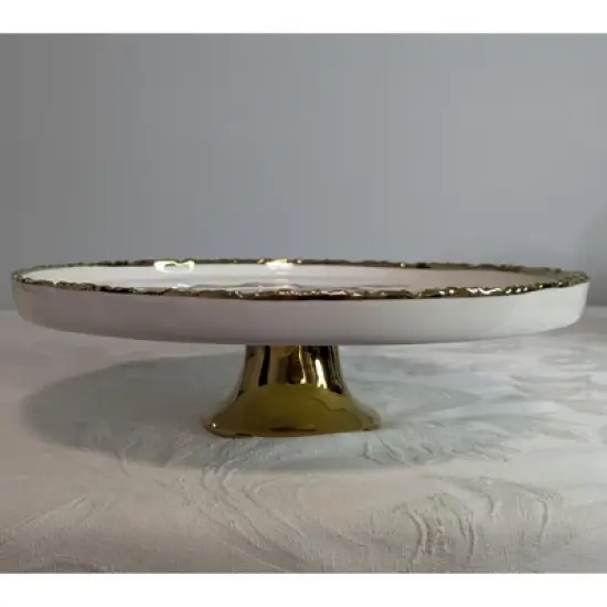 Jiallo Simplicity Collection White Porcelain Gold Trim Round Cake Plate with Stand image {2}