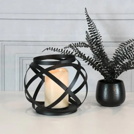 Large Banded Metal LED Lantern With Battery Operated Candle Black - LumaBase image {1}