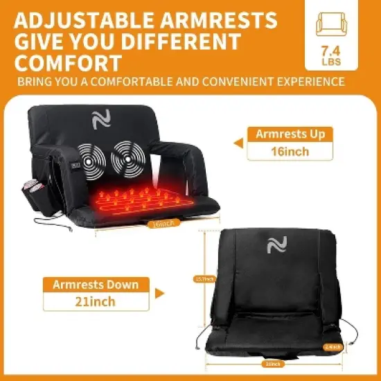 DoCred Heated Massage Stadium Seats, 6 Reclining Position Bleacher Seat with Back & Arm Support, 3 Levels of Heat&Massage image {6}