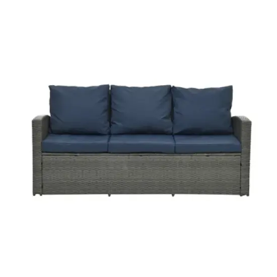 GlasFlength 5PCS Patio Seating Rattan Furniture Set Sectional Sofa Cushioned Garden, Tempered Glass Table, Blue, 67.5"*24.2"*29.7" image {2}