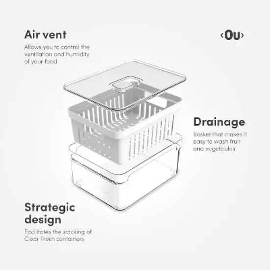 OU Fridge Organizer Bin with Drain Basket & Vented Lid, Clear Stackable Refrigerator Storage Container, Produce Kitchen Storage Bin, BPA Free, 4 Pack image {7}