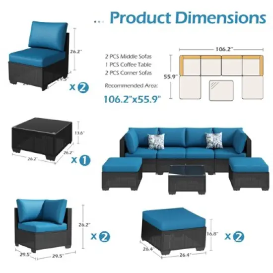 Rbied 7-Piece Wicker Outdoor Sofa Sectional Set Conversation Sets with Cushions and Footstool image {6}