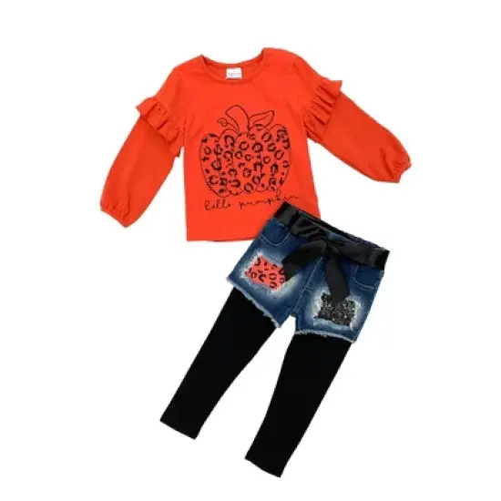 Girls Hello Pumpkin Top, Patched Denim Shorts & Legging Set Mia Belle Girls, Orange, 10 image {2}