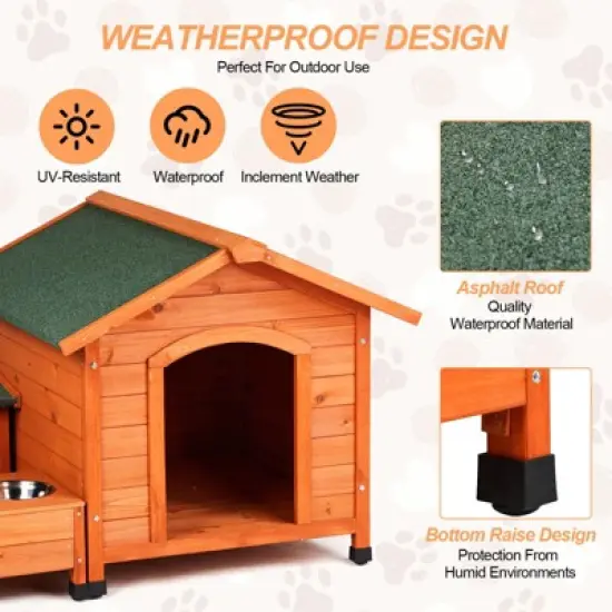 phiestina Wooden Feral Dog House, 32"x34.5"x29.5", with Food Bowl & Storage Bucket for Indoor/Outdoor Use image {6}