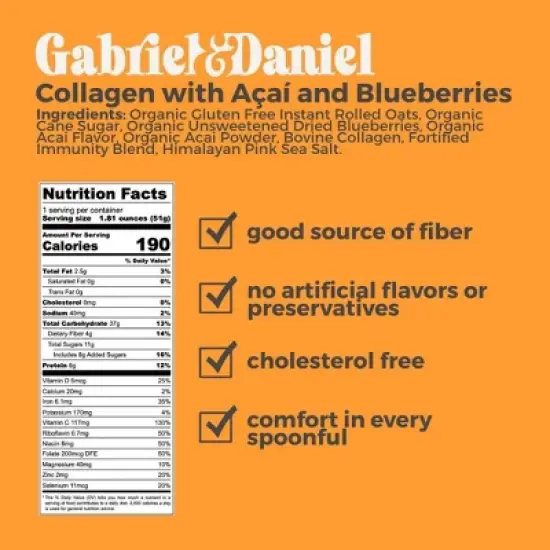 Gabriel and Daniel Instant Oatmeal with Blueberries, Acai and Collagen &ndash; Organic, Non-GMO, Gluten-Free Oats (Pack of 6) image {2}