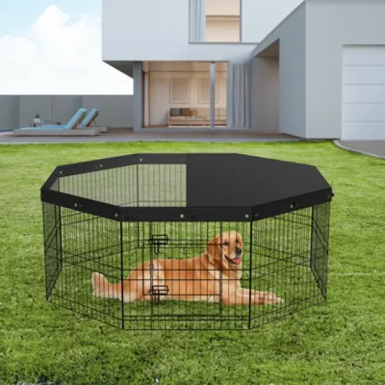 VEVOR Dog Playpen, 8 Panels Foldable Metal Dog Exercise Pen with Top Cover, 24" H Pet Fence Puppy Crate Kennel with Ground Stakes image {1}
