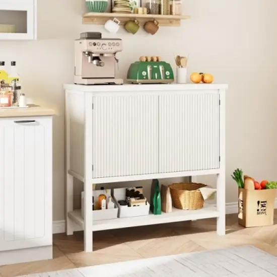 GustoWave Modern Console Table with Storage, White Entryway Cabinet with Wave Pattern Doors and Open Shelf, Wooden Buffet Sideboard Sofa Table image {4}