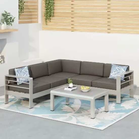 Christopher Knight Home Cape Coral Outdoor V-Shape Aluminum 5 Seater Sectional Sofa Set with Water-Resistant Cushions image {11}