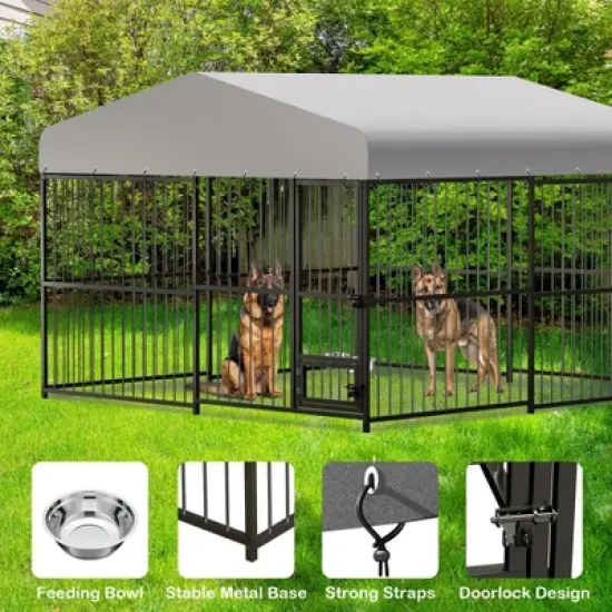 8X4FT/10X10FT/4X4FT Large Outdoor Dog Kennel, Heavy Duty Metal Dog Cage with Roof, Lock and Rotating Feeder, for All Dog Breeds image {8}