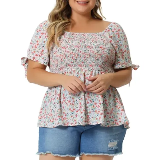 Agnes Orinda Women's Plus Size Floral Square Neck Smocked Bow Tie Short Sleeve Peplum Blouse image {6}