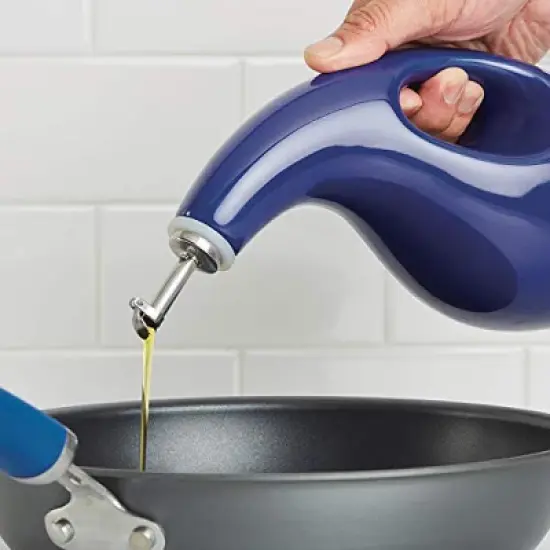 Rachael Ray Solid Glaze Ceramics EVOO Olive Oil Bottle Dispenser with Spout - 24 Ounce, Blue image {4}