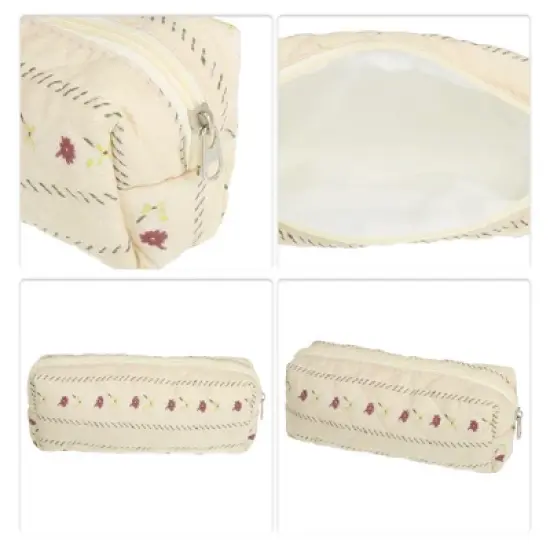 Unique Bargains Durable Small Quilted Stripe Makeup Bag Red Beige 1 Pc image {2}