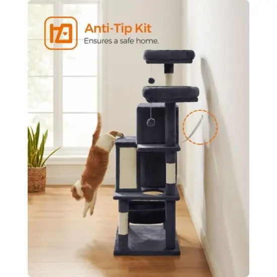 Feandrea Cat Tree, Cat Tower with 2 Cat Caves, Hammock, 61 Inches, Cat Activity Center with Scratching Posts and Board, Smoky Gray image {4}