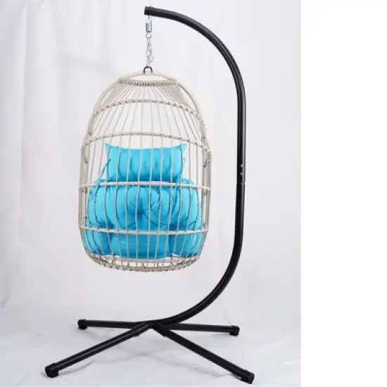 DOMETOUR Outdoor Egg Hanging Chair with Stand, Patio Wicker Swing Egg Chair Indoor Swinging Chair Outdoor Hammock Egg Chair BLUE image {4}