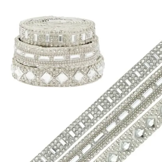 Wrapables 3 Yards Self Adhesive Crystal Rhinestone Ribbons, Diamond Bling Tape Strips Trim for DIY Crafts Wedding Party Decoration (3 Rolls), Silver image {10}