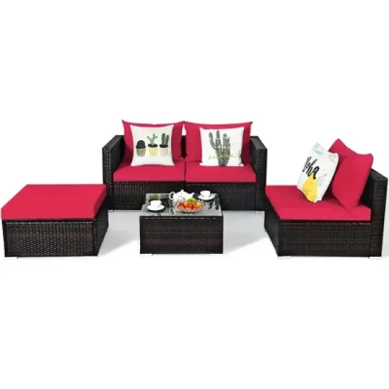 5PCS Patio Rattan Furniture Set Sectional Conversation Sofa w/ Coffee Table Red\ Navy image {4}