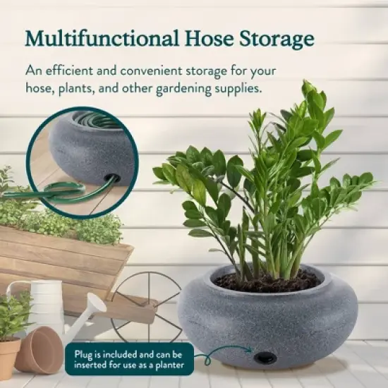HC Companies Versatile 21 Inch Round Natural Decorative Plastic Outdoor Garden Hose Storage Pot with Side Hole, Granite (3 Pack) image {4}