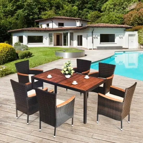 Tangkula 7pcs Patio Rattan Dining Set 6 Stackable Cushioned Chairs Patio image {9}