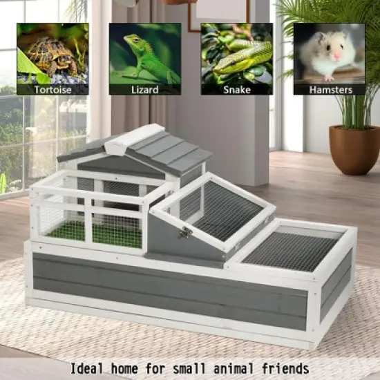3-Room Tortoise Villa - Wooden Reptile Habitat w/ Pull-Out Tray, Ramp & Grass Mat, Open Roof for Indoor/Outdoor Use image {3}
