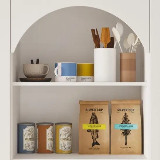 Famapy White Farmhouse Kitchen Pantry with Arch & Glass Doors,Large Capacity Kitchen Storage Hutch,Multi - Drawer Kitchen Organizer,Display Cabinet image {5}