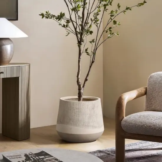 LuxenHome 17" Dia Concrete Round Tapered Planter Large Outdoor Indoor Plant Pot Distressed Wood Pattern Planter Pot for Home Garden Patio Brown image {3}