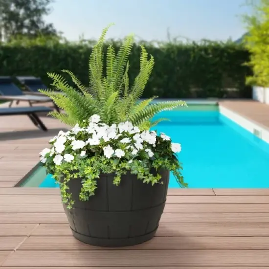 Tierra Verde 2pc Whiskey Barrel Indoor Outdoor Self-Watering Planter Pots Black 23"x15" image {2}