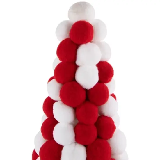 Northlight Pom Pom Cone Tree Christmas Decoration - 13" - White and Red image {5}